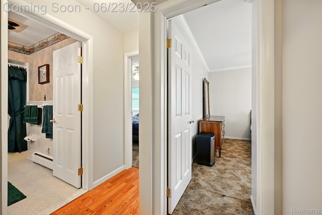 2441 Cheryl Ann Dr, Burton, MI 48519 - corridor featuring crown molding, baseboard heating, and light wood-type flooring