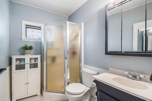 14711 White Creek Ave NE, Cedar Springs, MI 49319 - full bathroom with crown molding, vanity, a stall shower, a wainscoted wall, and a textured ceiling