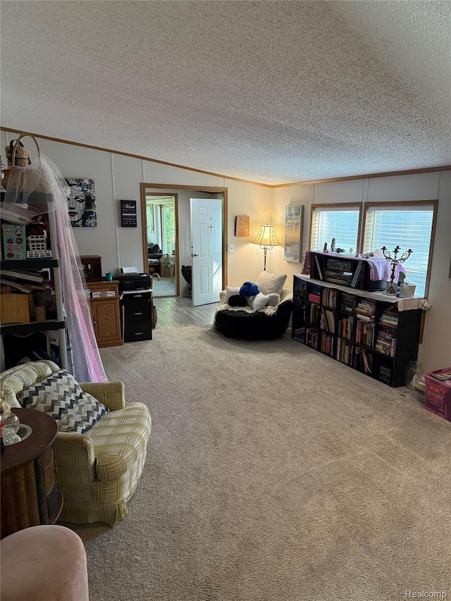 27444 Bordeau Dr, Romulus, MI 48174 - living area featuring light carpet, a textured ceiling, and crown molding