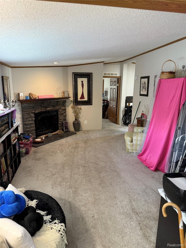 27444 Bordeau Dr, Romulus, MI 48174 - carpeted living room with crown molding, a textured ceiling, and a stone fireplace