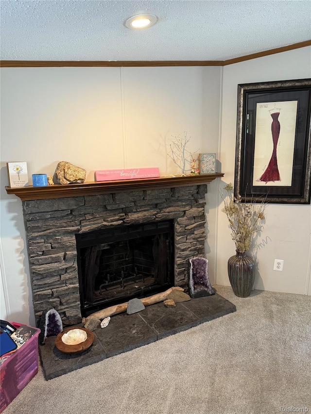 27444 Bordeau Dr, Romulus, MI 48174 - detailed view of carpet, crown molding, a stone fireplace, and a textured ceiling
