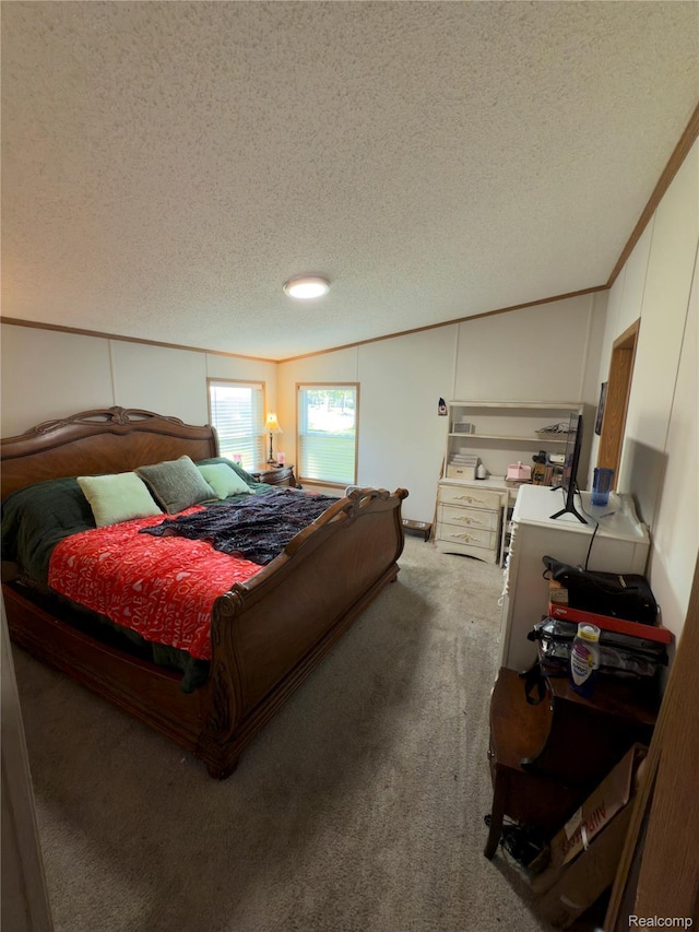 27444 Bordeau Dr, Romulus, MI 48174 - bedroom with a textured ceiling, carpet, ornamental molding, and vaulted ceiling