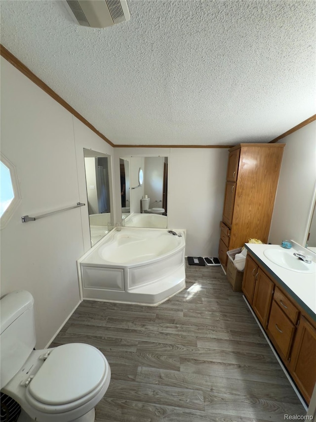 27444 Bordeau Dr, Romulus, MI 48174 - bathroom featuring vanity, crown molding, a textured ceiling, and wood finished floors