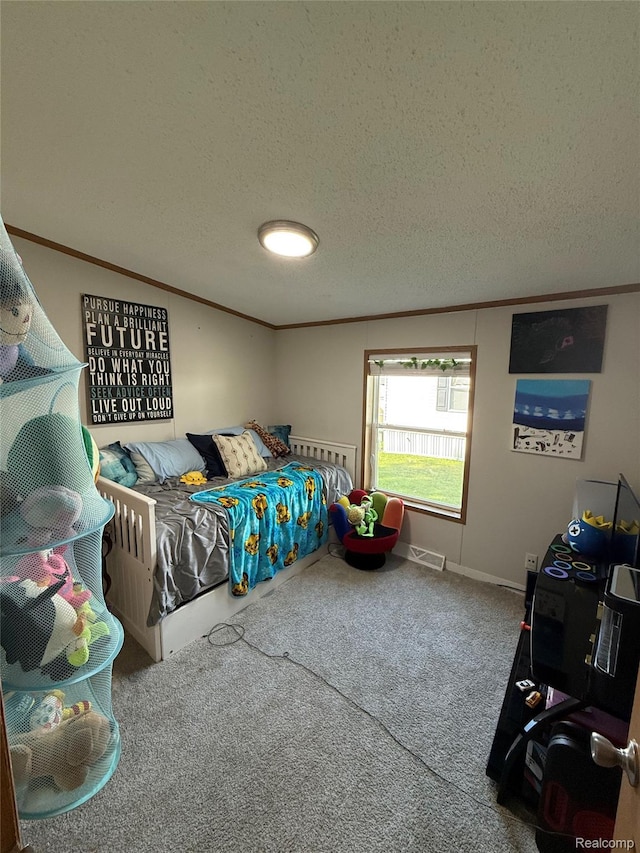 27444 Bordeau Dr, Romulus, MI 48174 - bedroom featuring ornamental molding, carpet floors, and a textured ceiling