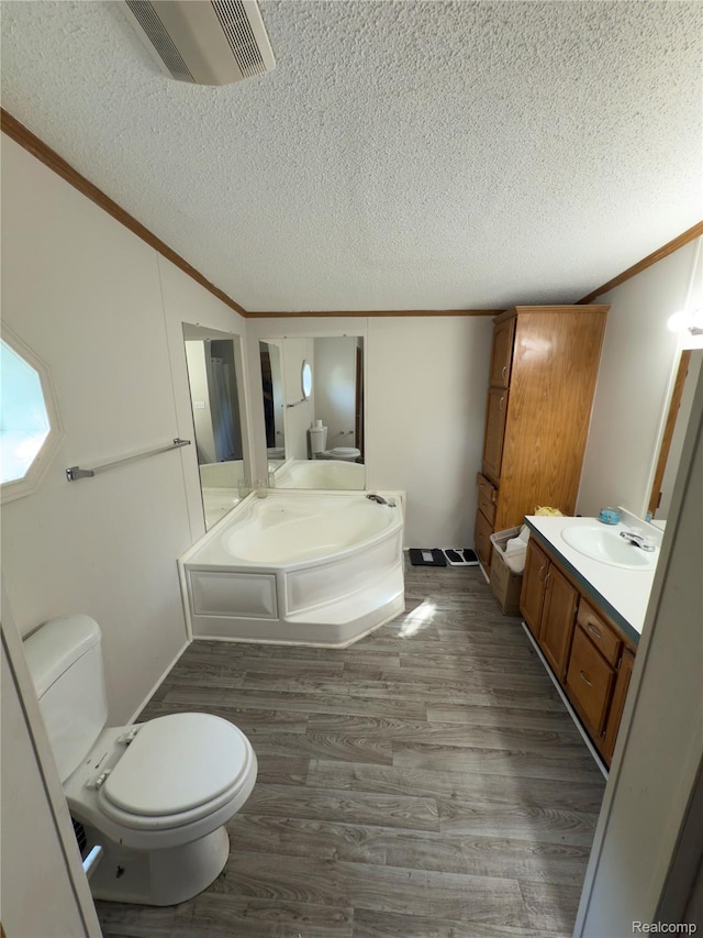 27444 Bordeau Dr, Romulus, MI 48174 - bathroom with vanity, crown molding, wood finished floors, and a textured ceiling