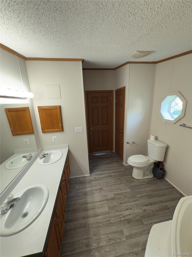 27444 Bordeau Dr, Romulus, MI 48174 - bathroom featuring a textured ceiling, wood finished floors, double vanity, and crown molding