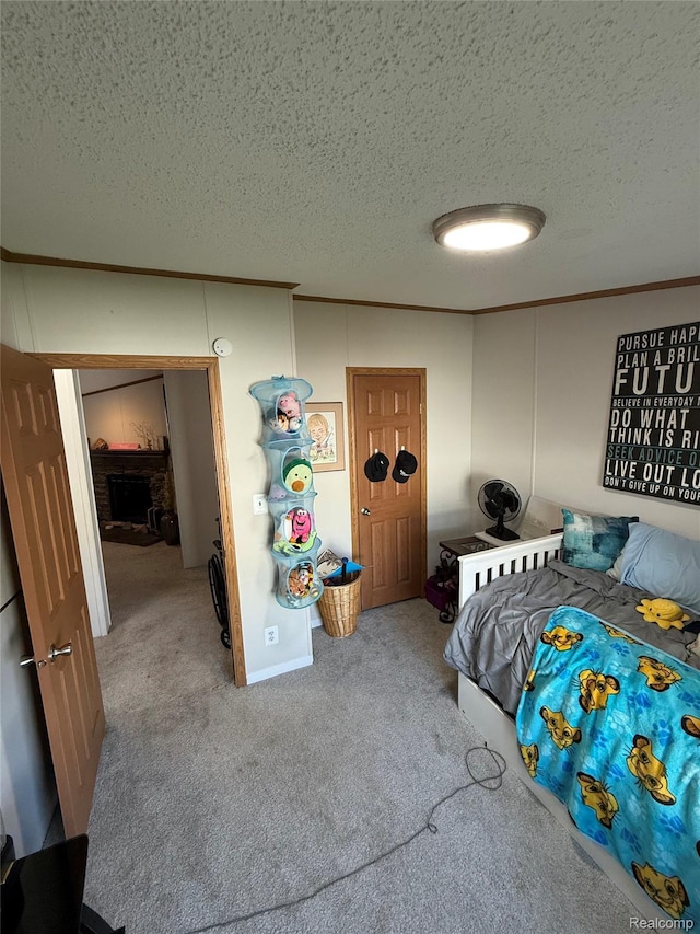 27444 Bordeau Dr, Romulus, MI 48174 - carpeted bedroom with a textured ceiling and a brick fireplace