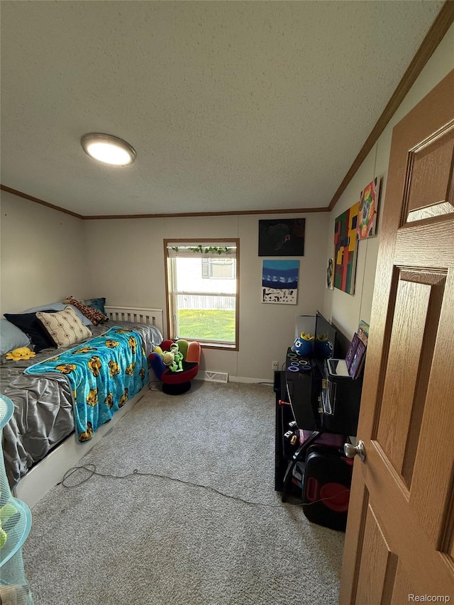 27444 Bordeau Dr, Romulus, MI 48174 - carpeted bedroom with ornamental molding and a textured ceiling