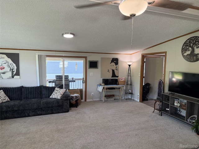 27444 Bordeau Dr, Romulus, MI 48174 - living area featuring crown molding, carpet floors, lofted ceiling, a textured ceiling, and ceiling fan