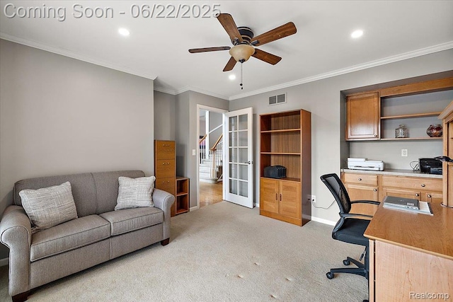 11700 Currin Ct, Plymouth, MI 48170 - office space with french doors, a ceiling fan, light colored carpet, ornamental molding, and recessed lighting