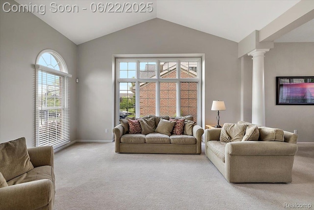 11700 Currin Ct, Plymouth, MI 48170 - living room featuring carpet floors, ornate columns, and vaulted ceiling