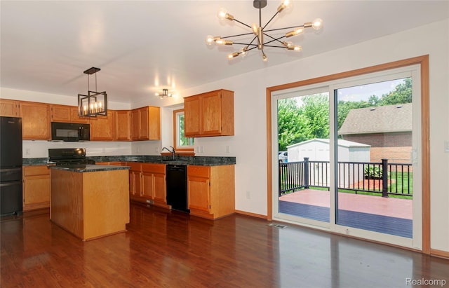 28475 Tiffin Dr, Chesterfield, MI 48047 - kitchen featuring black appliances, a chandelier, plenty of natural light, and dark wood-style floors