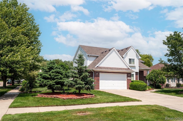 28475 Tiffin Dr, Chesterfield, MI 48047 - view of front of property with brick siding, concrete driveway, a front lawn, a garage, and roof with shingles