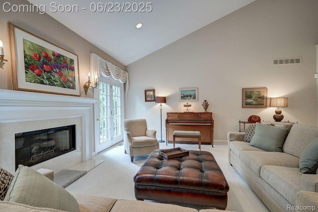 1081 Park Place Ct, Bloomfield Hills, MI 48302 - living area featuring carpet flooring, vaulted ceiling, and a premium fireplace
