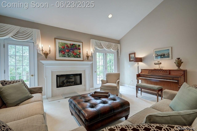 1081 Park Place Ct, Bloomfield Hills, MI 48302 - carpeted living area featuring a high end fireplace and high vaulted ceiling
