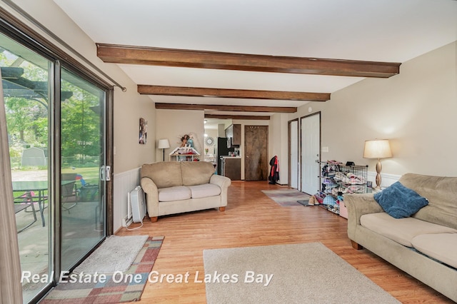 5178 Mangrove Dr, Saginaw, MI 48603 - living area featuring light wood-style flooring, beamed ceiling, and wainscoting