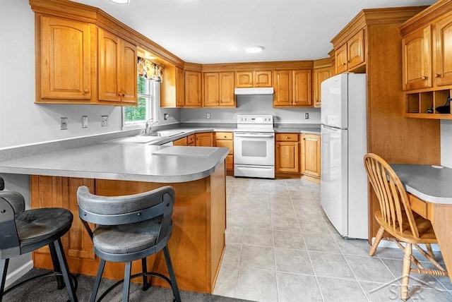 2697 W Olson Rd, Sanford, MI 48657 - kitchen featuring white appliances, under cabinet range hood, a peninsula, brown cabinetry, and light tile patterned flooring