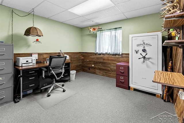 2697 W Olson Rd, Sanford, MI 48657 - home office with wooden walls, wainscoting, carpet flooring, and a drop ceiling
