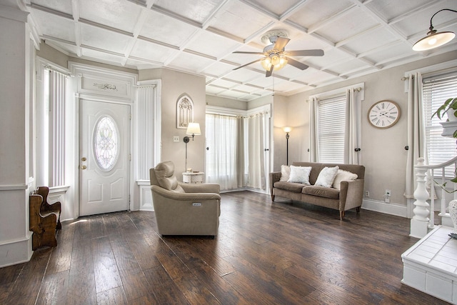 105 Clark St, Buchanan, MI 49107 - living room featuring coffered ceiling, dark wood-style floors, and ceiling fan