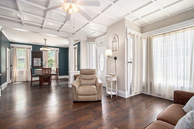 105 Clark St, Buchanan, MI 49107 - living area with coffered ceiling, ceiling fan, dark wood-type flooring, and crown molding