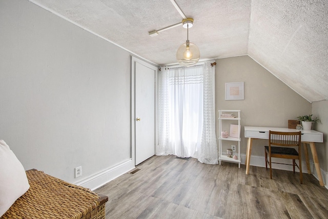 105 Clark St, Buchanan, MI 49107 - home office with a textured ceiling, wood finished floors, and vaulted ceiling