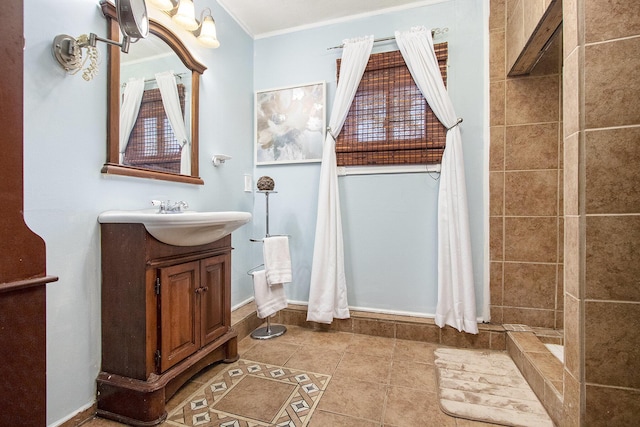 105 Clark St, Buchanan, MI 49107 - full bathroom with vanity, ornamental molding, tile patterned flooring, and tiled shower