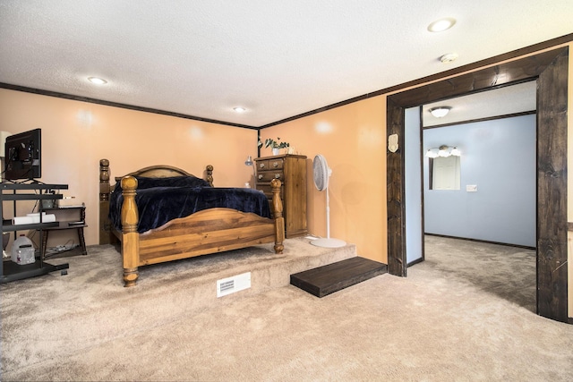 207 E Jefferson St, Cassopolis, MI 49031 - bedroom featuring ornamental molding, carpet floors, and a textured ceiling