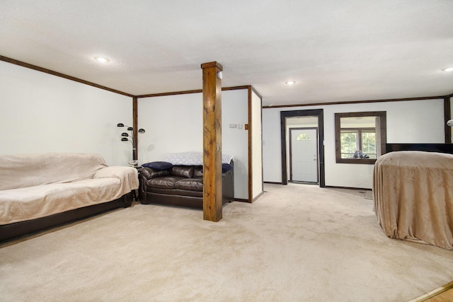 207 E Jefferson St, Cassopolis, MI 49031 - bedroom with ornamental molding, recessed lighting, and light colored carpet