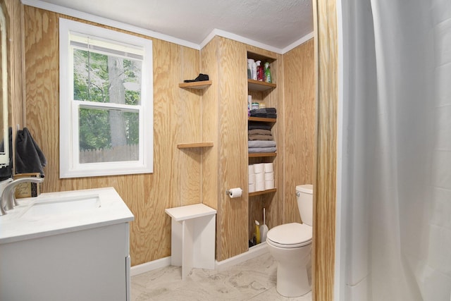 207 E Jefferson St, Cassopolis, MI 49031 - full bathroom featuring vanity, curtained shower, ornamental molding, and marble finish flooring