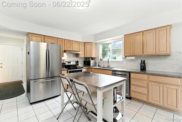 22288 Cass St, Farmington, MI 48335 - kitchen with stainless steel appliances, light brown cabinetry, tasteful backsplash, and light tile patterned floors