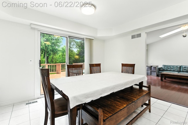 22288 Cass St, Farmington, MI 48335 - dining space with light tile patterned floors and a ceiling fan
