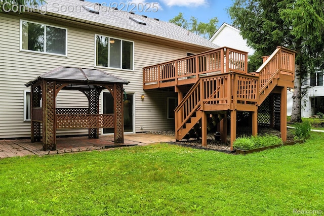 22288 Cass St, Farmington, MI 48335 - back of house with stairway, a wooden deck, a patio area, a gazebo, and a lawn