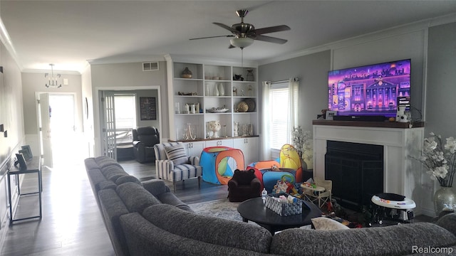 2315 Willow Ln, Grand Blanc, MI 48439 - living area featuring ornamental molding, a fireplace, wood finished floors, and a ceiling fan