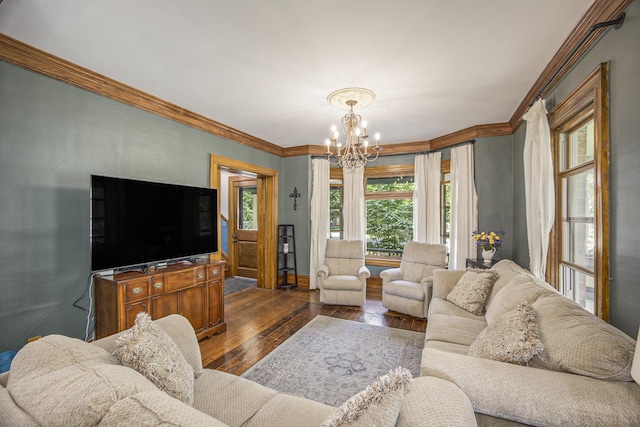 73640 Fulton St, Armada, MI 48005 - living room featuring ornamental molding, hardwood / wood-style flooring, and a chandelier