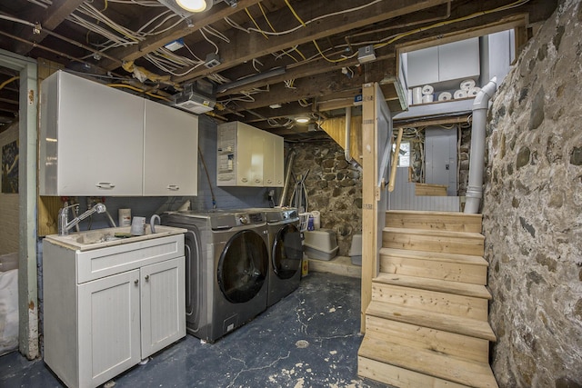 73640 Fulton St, Armada, MI 48005 - laundry area featuring cabinet space, washing machine and dryer, and electric panel