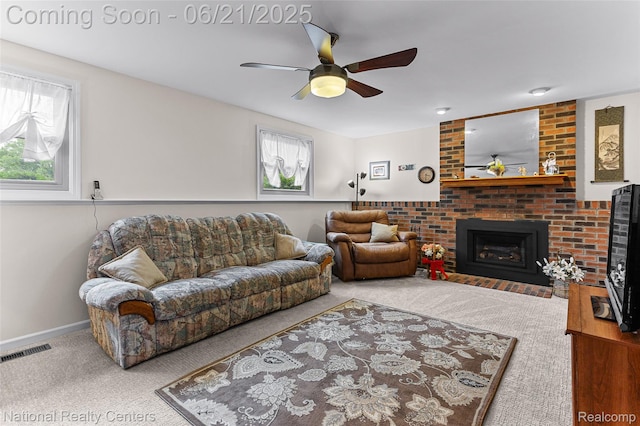 1306 Bishops Ter, Wixom, MI 48393 - carpeted living area featuring plenty of natural light, ceiling fan, and a brick fireplace