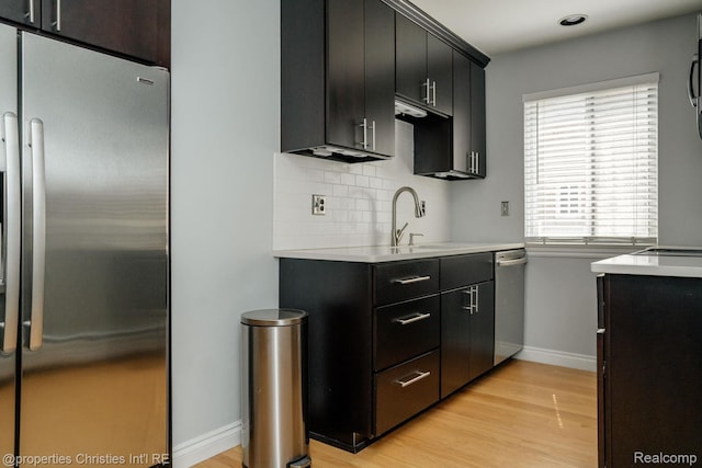 1715 E 14 Mile Rd, Birmingham, MI 48009 - kitchen featuring appliances with stainless steel finishes, light wood finished floors, light countertops, backsplash, and dark cabinetry