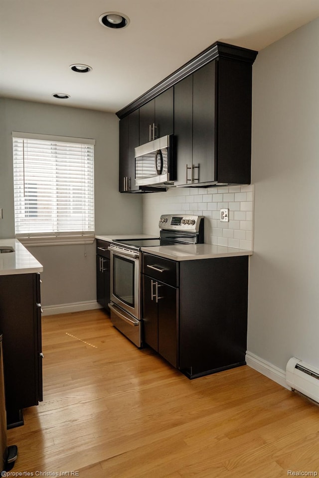 1715 E 14 Mile Rd, Birmingham, MI 48009 - kitchen with stainless steel appliances, dark cabinetry, baseboard heating, light countertops, and backsplash