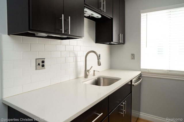 1715 E 14 Mile Rd, Birmingham, MI 48009 - kitchen with backsplash, light countertops, dishwasher, and dark cabinetry