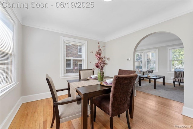 243 2nd St, Brownstown, MI 48192 - dining area with arched walkways, light wood-type flooring, and ornamental molding