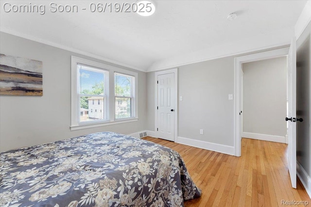 243 2nd St, Brownstown, MI 48192 - bedroom with light wood-style flooring, ornamental molding, lofted ceiling, and a closet