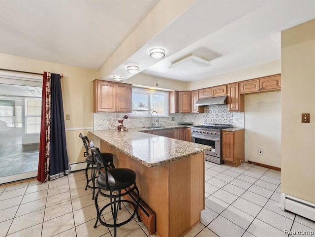 664 Buckingham Ave, Lincoln Park, MI 48146 - kitchen with high end stove, under cabinet range hood, a peninsula, a breakfast bar area, and tasteful backsplash