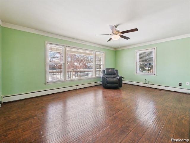 664 Buckingham Ave, Lincoln Park, MI 48146 - unfurnished room with a baseboard heating unit, ornamental molding, a ceiling fan, and hardwood / wood-style flooring