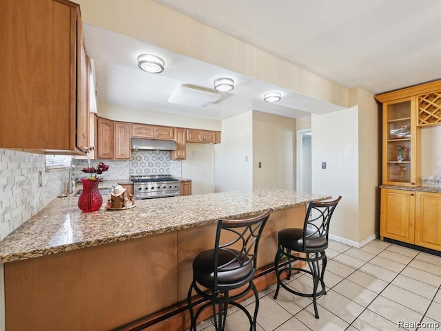 664 Buckingham Ave, Lincoln Park, MI 48146 - kitchen with under cabinet range hood, stainless steel stove, a peninsula, backsplash, and light stone countertops