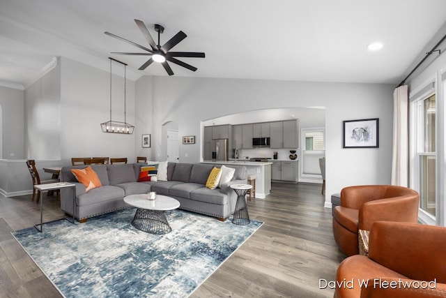6935 Fairway Vista Dr SE, Caledonia, MI 49316 - living room with a ceiling fan, dark wood-style flooring, arched walkways, lofted ceiling, and recessed lighting
