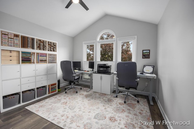 6935 Fairway Vista Dr SE, Caledonia, MI 49316 - office area with a ceiling fan, wood finished floors, and lofted ceiling