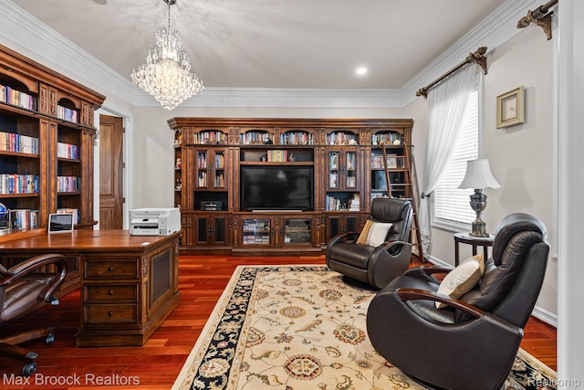 5626 Shadow Ln, Bloomfield Hills, MI 48302 - office space featuring dark wood-style flooring, a chandelier, and crown molding