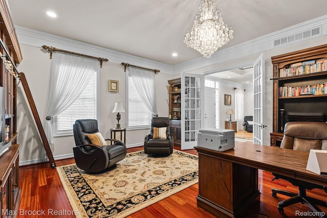 5626 Shadow Ln, Bloomfield Hills, MI 48302 - office with french doors, a chandelier, dark wood finished floors, and ornamental molding