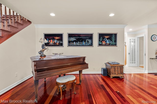 5626 Shadow Ln, Bloomfield Hills, MI 48302 - living area with ornamental molding, wood finished floors, recessed lighting, and stairway