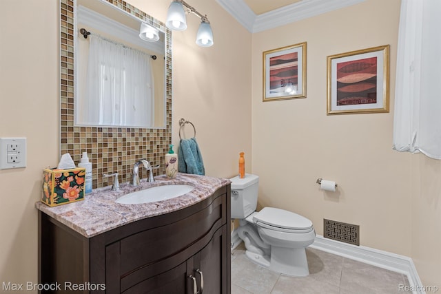 5626 Shadow Ln, Bloomfield Hills, MI 48302 - half bath featuring tile patterned flooring, vanity, decorative backsplash, and crown molding